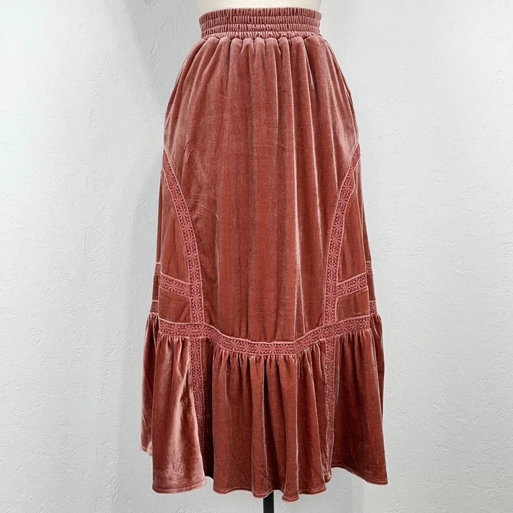 Whimsigoth Romantic Boho Maxi Skirt Size Small Dusty Rose Floral Embroidered